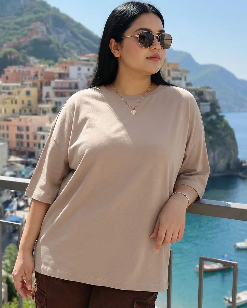 bewakoof Women's Taupe Brown Oversized Plus Size T-shirt